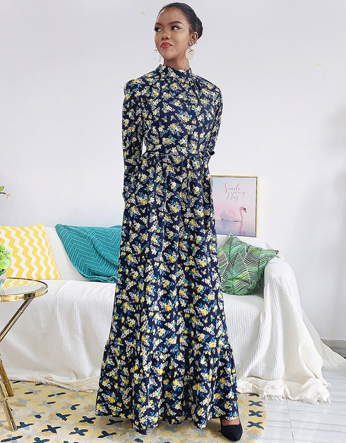 Flared Sleeve Abaya with Waist Tie Kaftan Dress